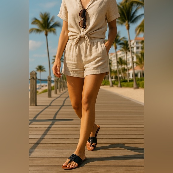 Tory Burch Lowell Black Leather Toe Ring Sandals 7.5M Logo Strap Flat Slide Shoe - Picture 12 of 12